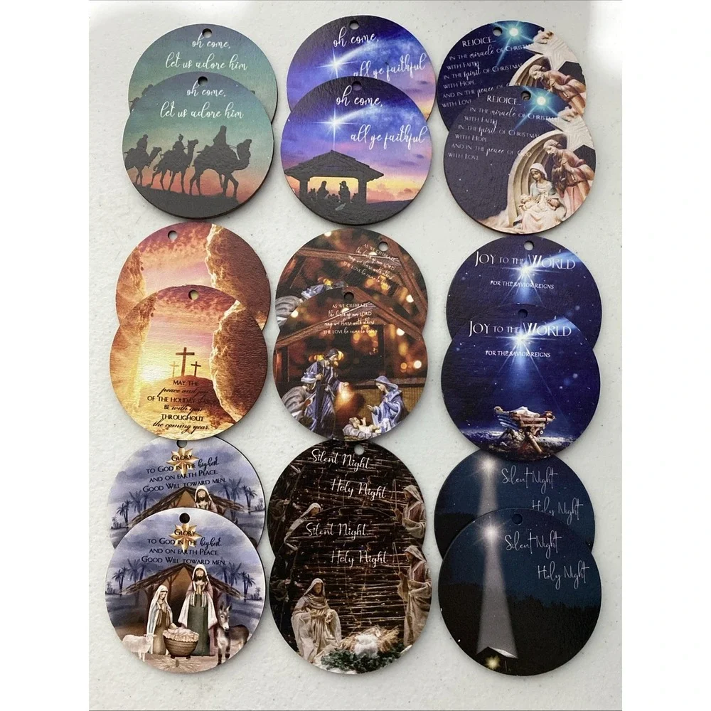 Lot Of 18 Round Wooden Christmas Ornaments Holiday Nativity Spiritual Jesus 3